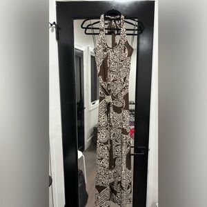 111. As U Wish Brown and Cream Halter Maxi Dress